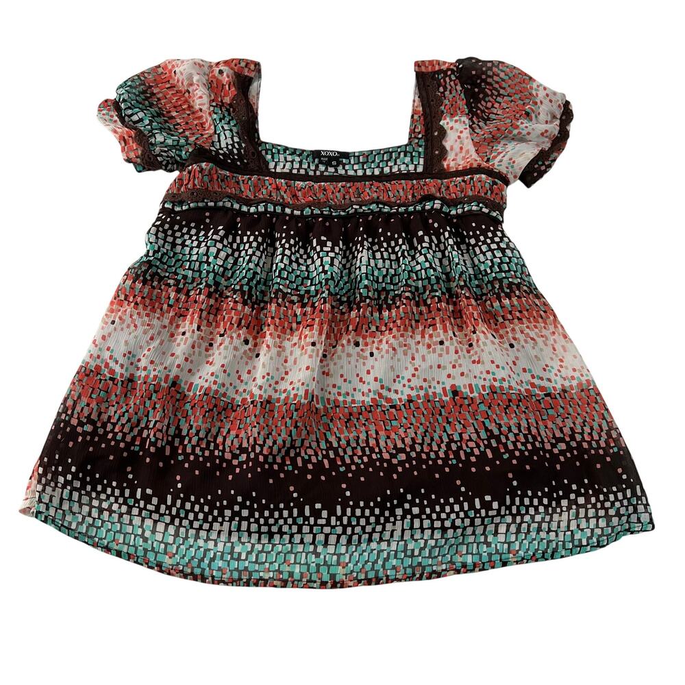 Vintage XOXO Geometric Print Stripe Baby Doll Blouse w/ Waist Tie Size S Y2K 90s
